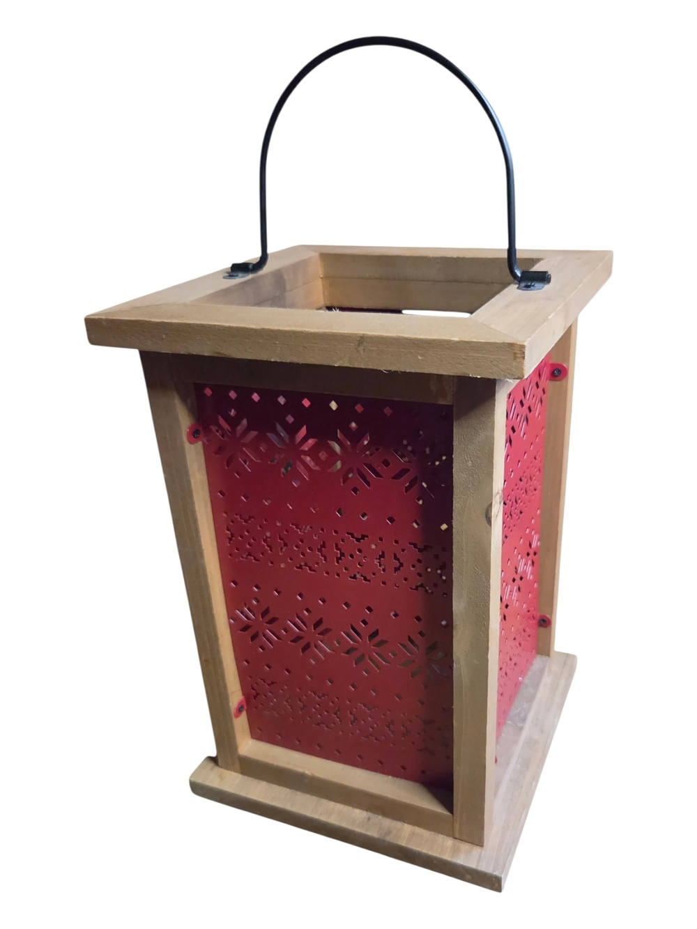 Red and Natural Wood Decorative Lantern with Black Handle